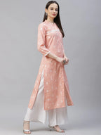 Jompers Women's Pink Ethnic Motifs Ikat Kurta with lace work | Grocsy