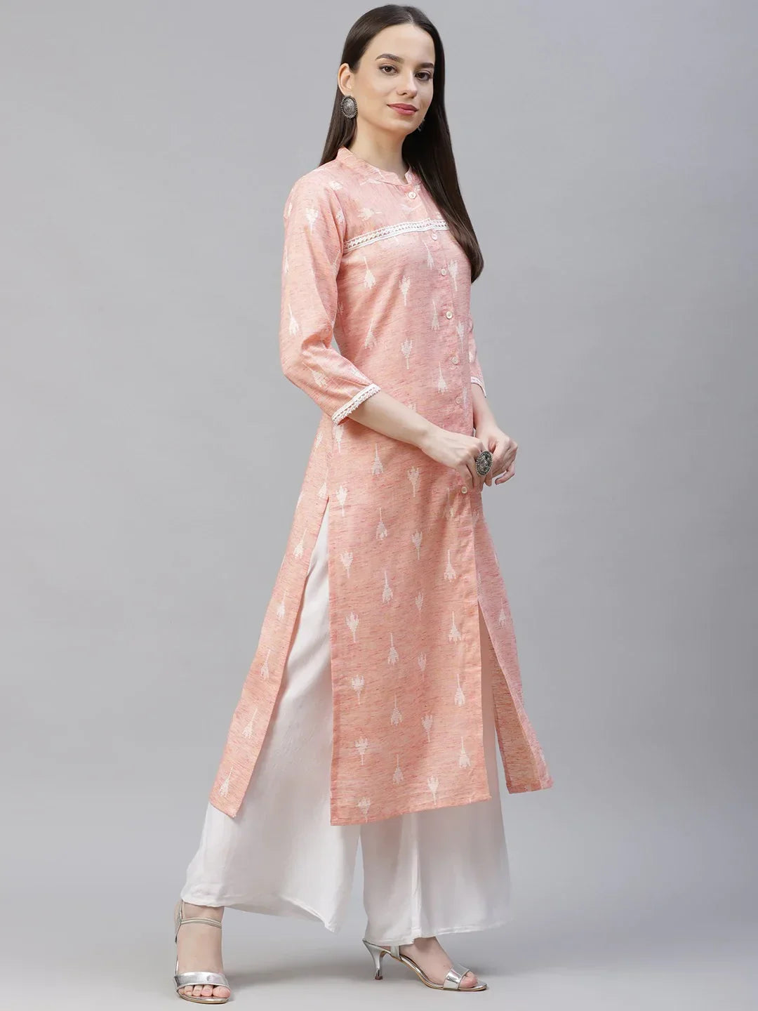 Jompers Women's Pink Ethnic Motifs Ikat Kurta with lace work | Grocsy