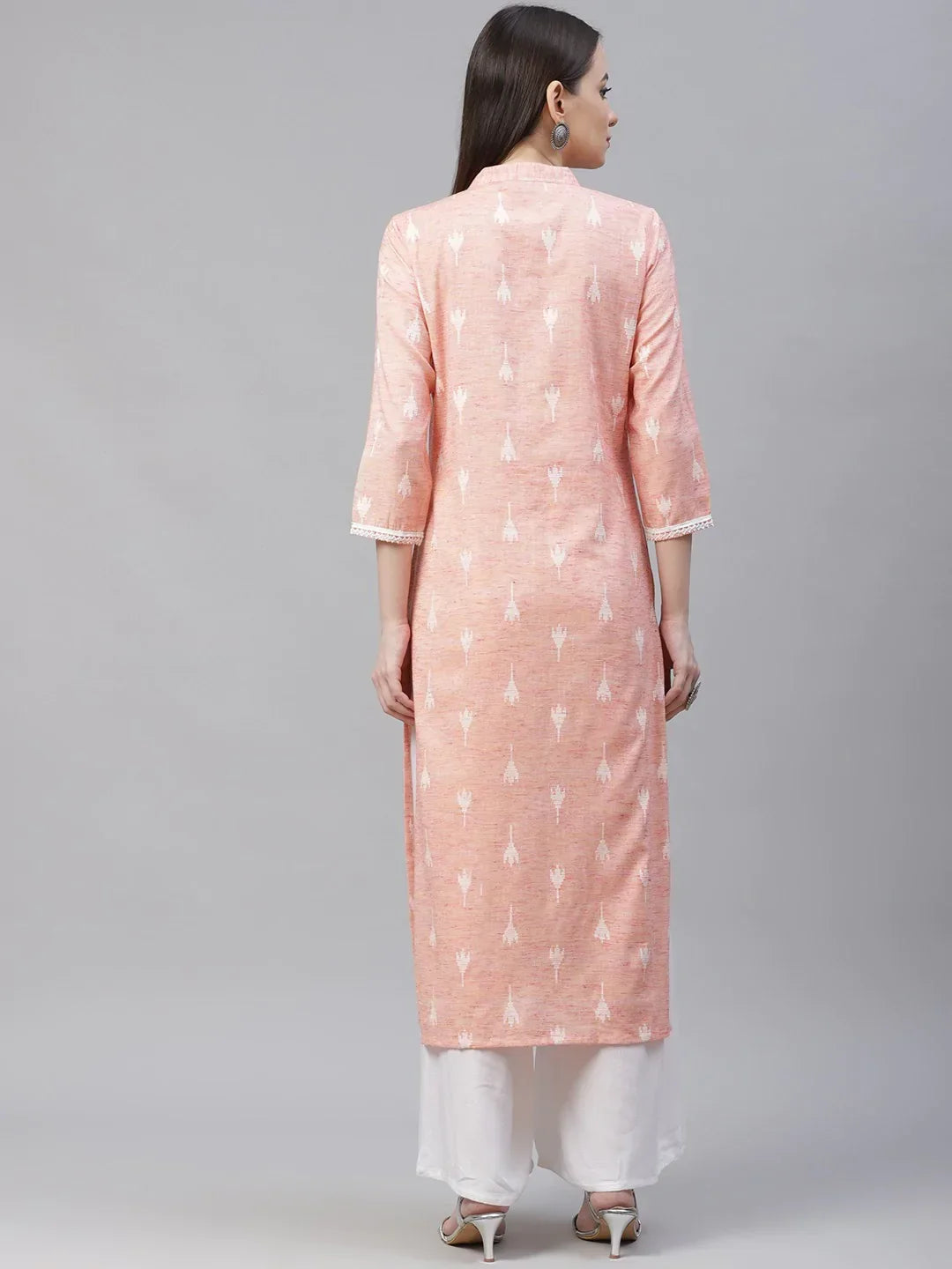 Jompers Women's Pink Ethnic Motifs Ikat Kurta with lace work | Grocsy