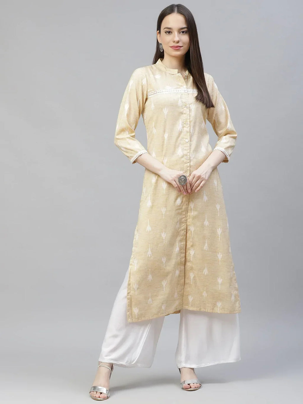 Jompers Women's Yellow Ethnic Motifs Ikat Kurta with lace work | Grocsy