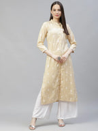 Jompers Women's Yellow Ethnic Motifs Ikat Kurta with lace work | Grocsy