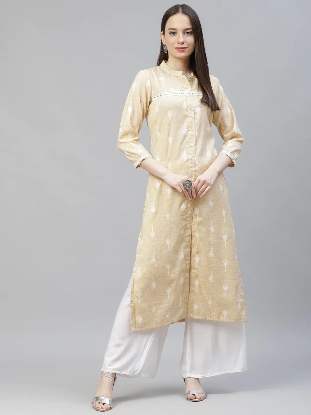 Jompers Women's Yellow Ethnic Motifs Ikat Kurta with lace work | Grocsy