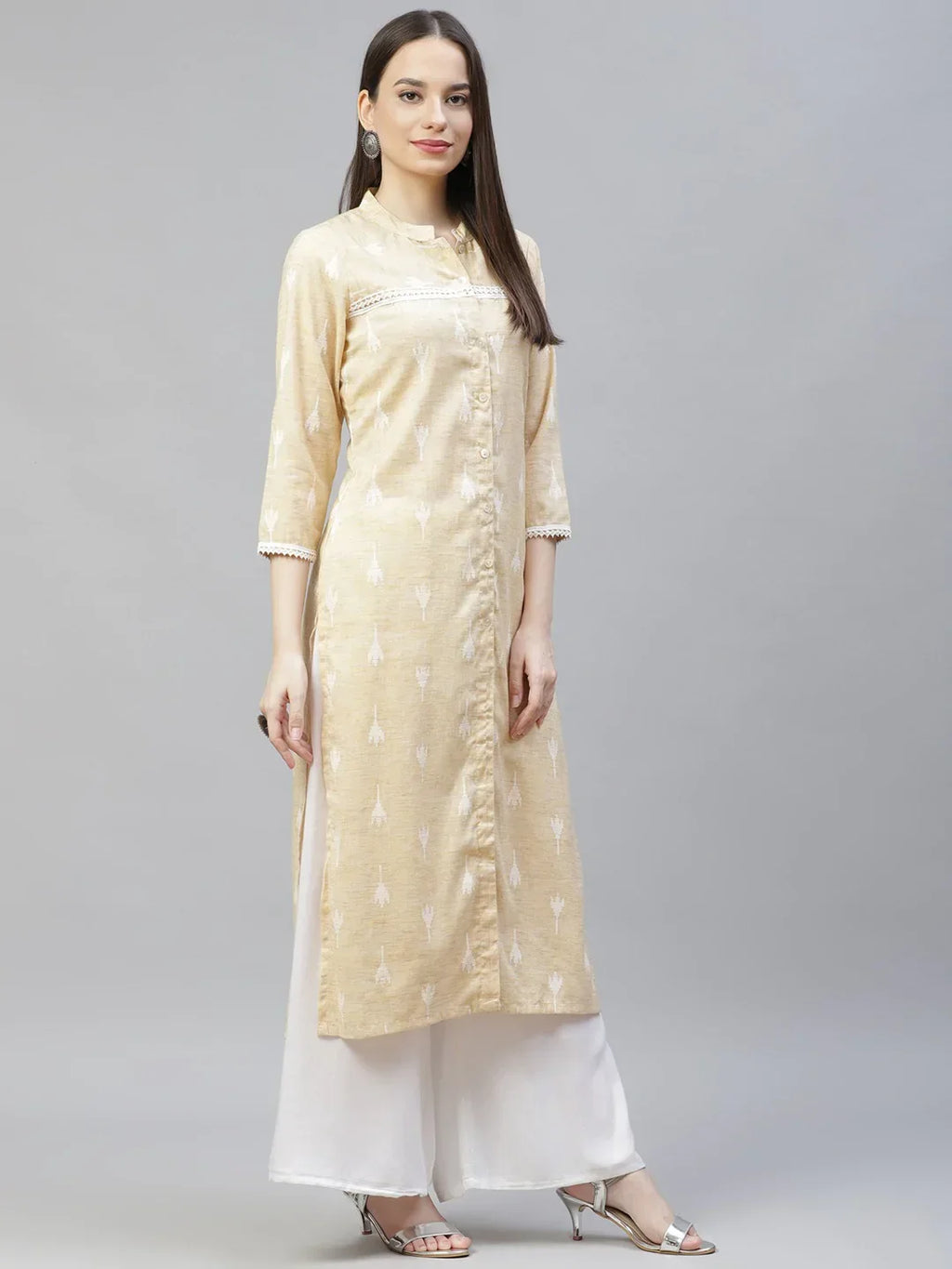 Jompers Women's Yellow Ethnic Motifs Ikat Kurta with lace work | Grocsy