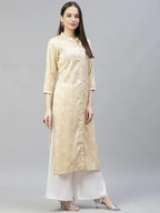 Jompers Women's Yellow Ethnic Motifs Ikat Kurta with lace work | Grocsy