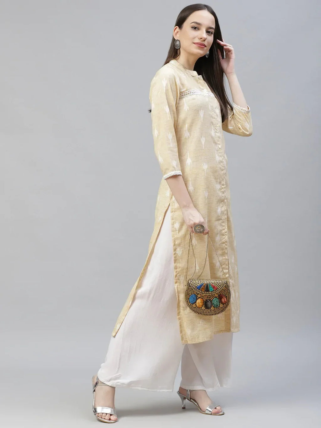 Jompers Women's Yellow Ethnic Motifs Ikat Kurta with lace work | Grocsy