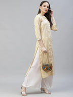 Jompers Women's Yellow Ethnic Motifs Ikat Kurta with lace work | Grocsy