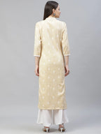 Jompers Women's Yellow Ethnic Motifs Ikat Kurta with lace work | Grocsy