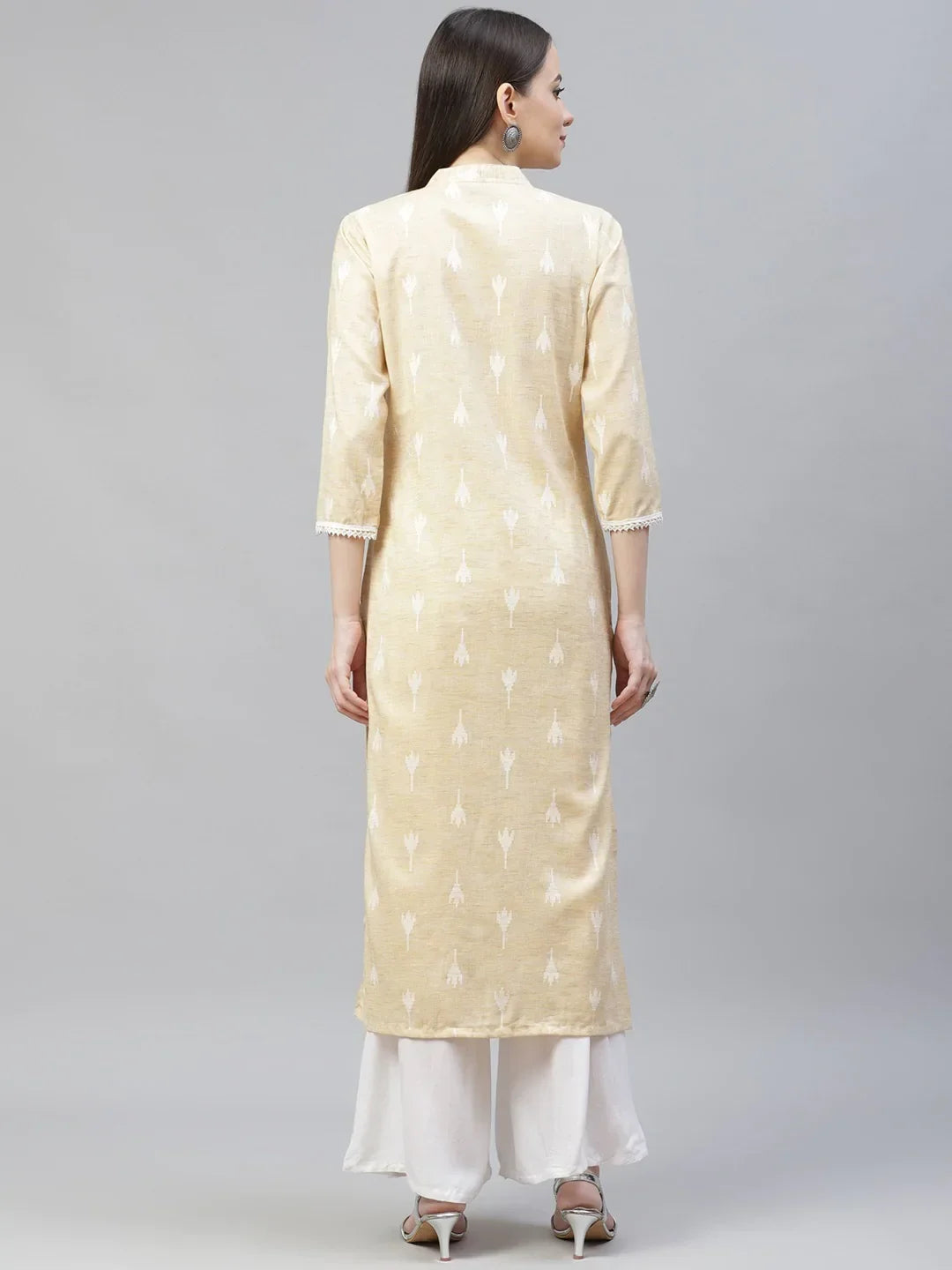 Jompers Women's Yellow Ethnic Motifs Ikat Kurta with lace work | Grocsy