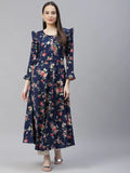 Jompers Women's Navy Blue & Pink Floral Printed Bell Sleeves Floral Anarkali Kurta | Grocsy