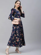 Jompers Women's Navy Blue & Pink Floral Printed Bell Sleeves Floral Anarkali Kurta | Grocsy
