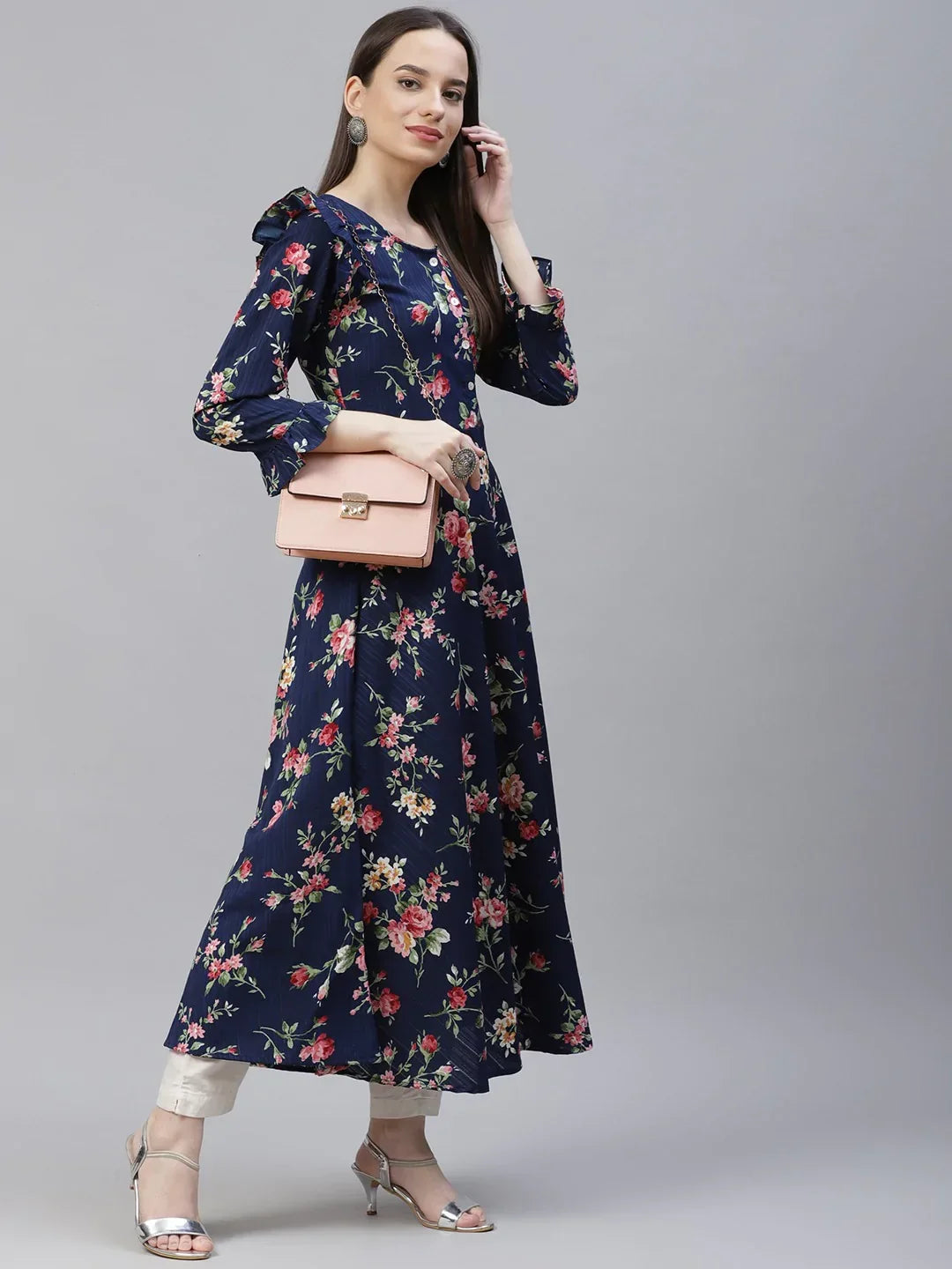 Jompers Women's Navy Blue & Pink Floral Printed Bell Sleeves Floral Anarkali Kurta | Grocsy
