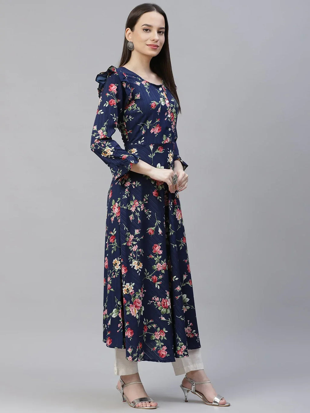 Jompers Women's Navy Blue & Pink Floral Printed Bell Sleeves Floral Anarkali Kurta | Grocsy