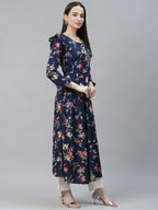 Jompers Women's Navy Blue & Pink Floral Printed Bell Sleeves Floral Anarkali Kurta | Grocsy