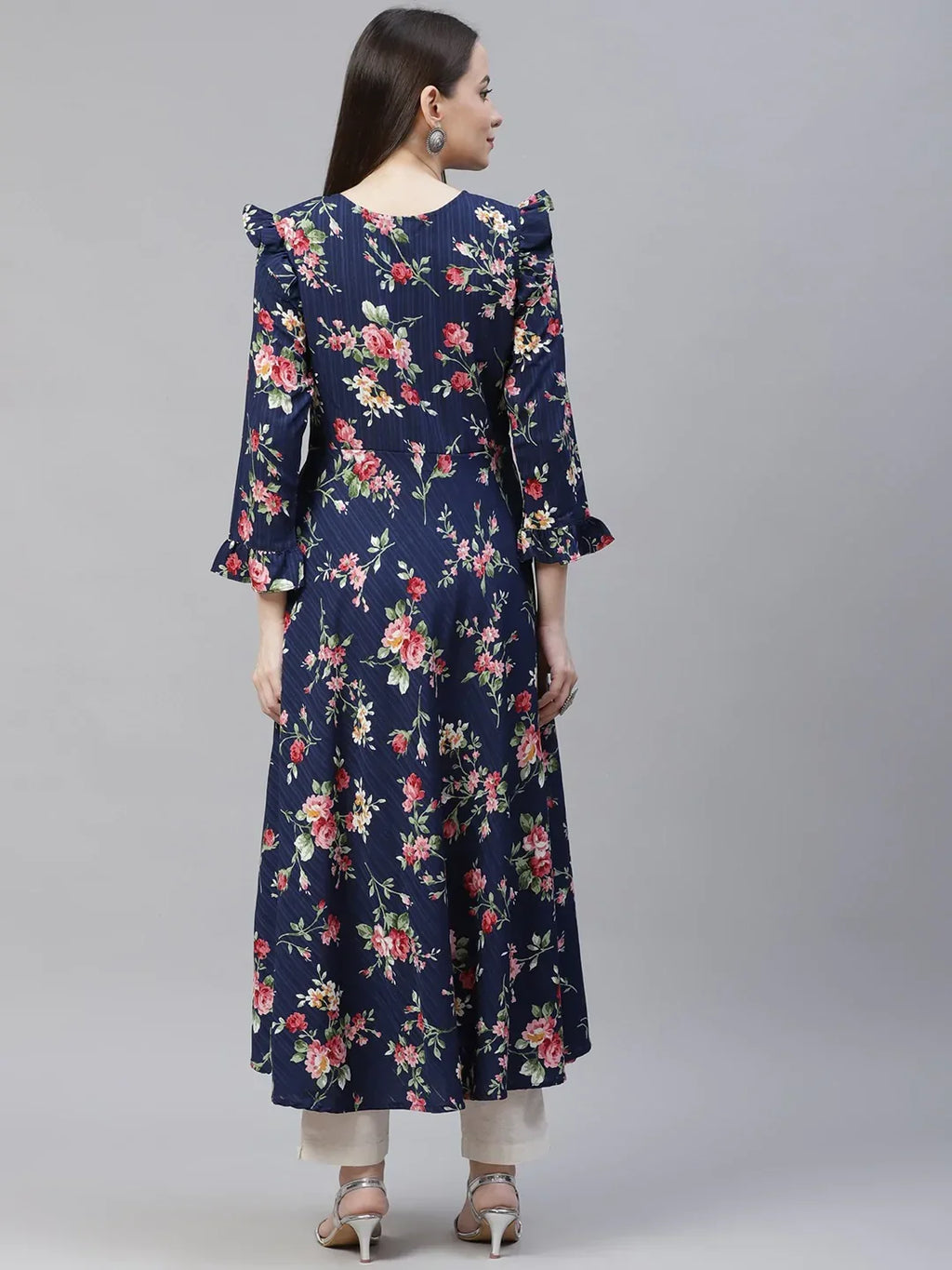 Jompers Women's Navy Blue & Pink Floral Printed Bell Sleeves Floral Anarkali Kurta | Grocsy