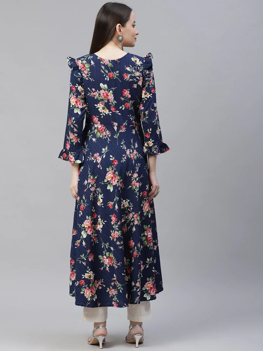 Jompers Women's Navy Blue & Pink Floral Printed Bell Sleeves Floral Anarkali Kurta | Grocsy