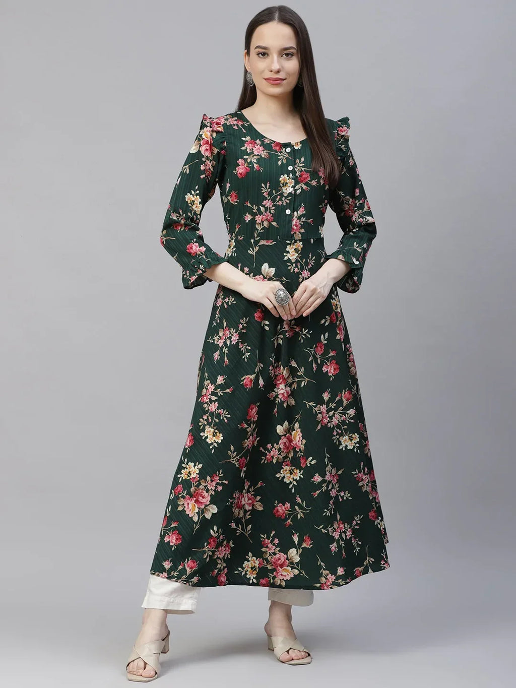 Jompers Women's Green & Pink Floral Printed Bell Sleeves Floral Anarkali Kurta | Grocsy