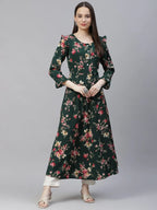 Jompers Women's Green & Pink Floral Printed Bell Sleeves Floral Anarkali Kurta | Grocsy