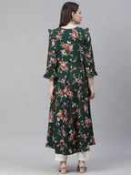 Jompers Women's Green & Pink Floral Printed Bell Sleeves Floral Anarkali Kurta | Grocsy