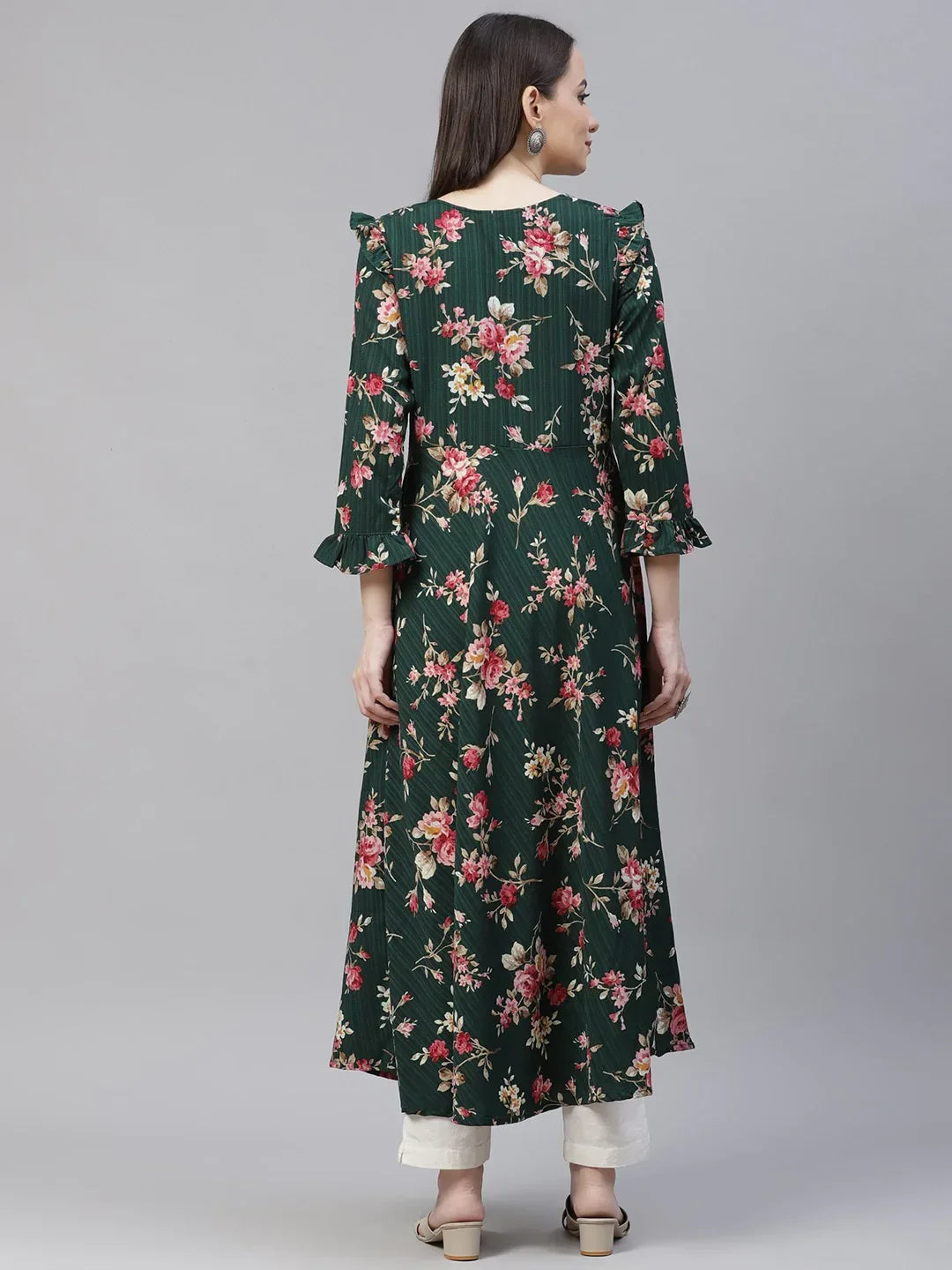 Jompers Women's Green & Pink Floral Printed Bell Sleeves Floral Anarkali Kurta | Grocsy