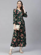 Jompers Women's Green & Pink Floral Printed Bell Sleeves Floral Anarkali Kurta | Grocsy