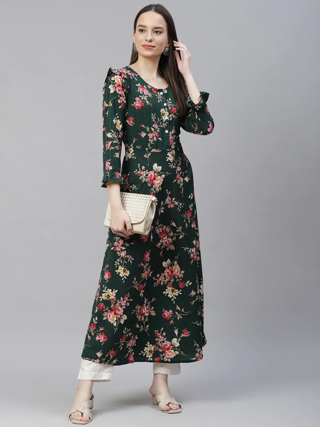 Jompers Women's Green & Pink Floral Printed Bell Sleeves Floral Anarkali Kurta | Grocsy