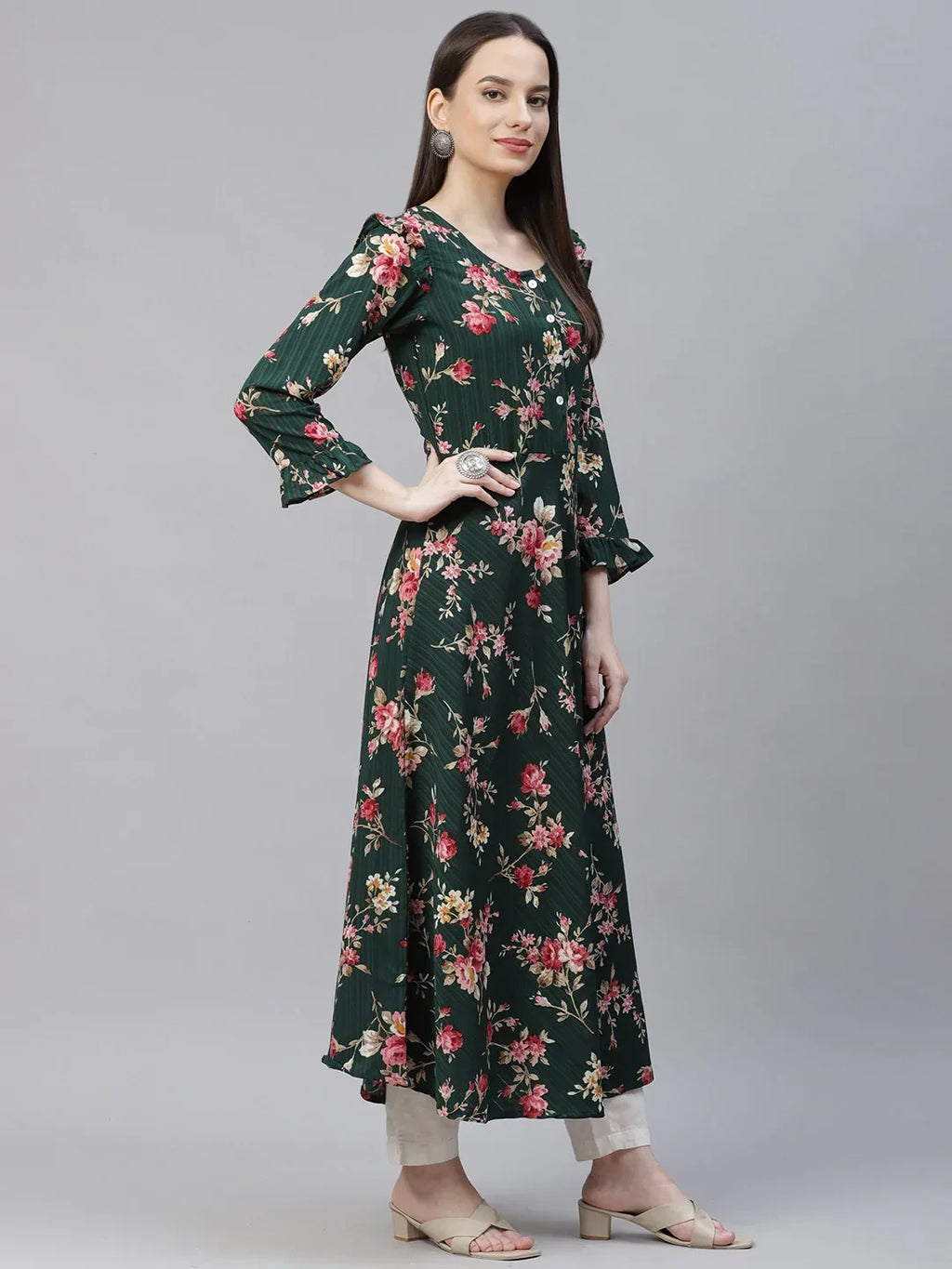 Jompers Women's Green & Pink Floral Printed Bell Sleeves Floral Anarkali Kurta | Grocsy