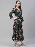 Jompers Women's Green & Pink Floral Printed Bell Sleeves Floral Anarkali Kurta | Grocsy