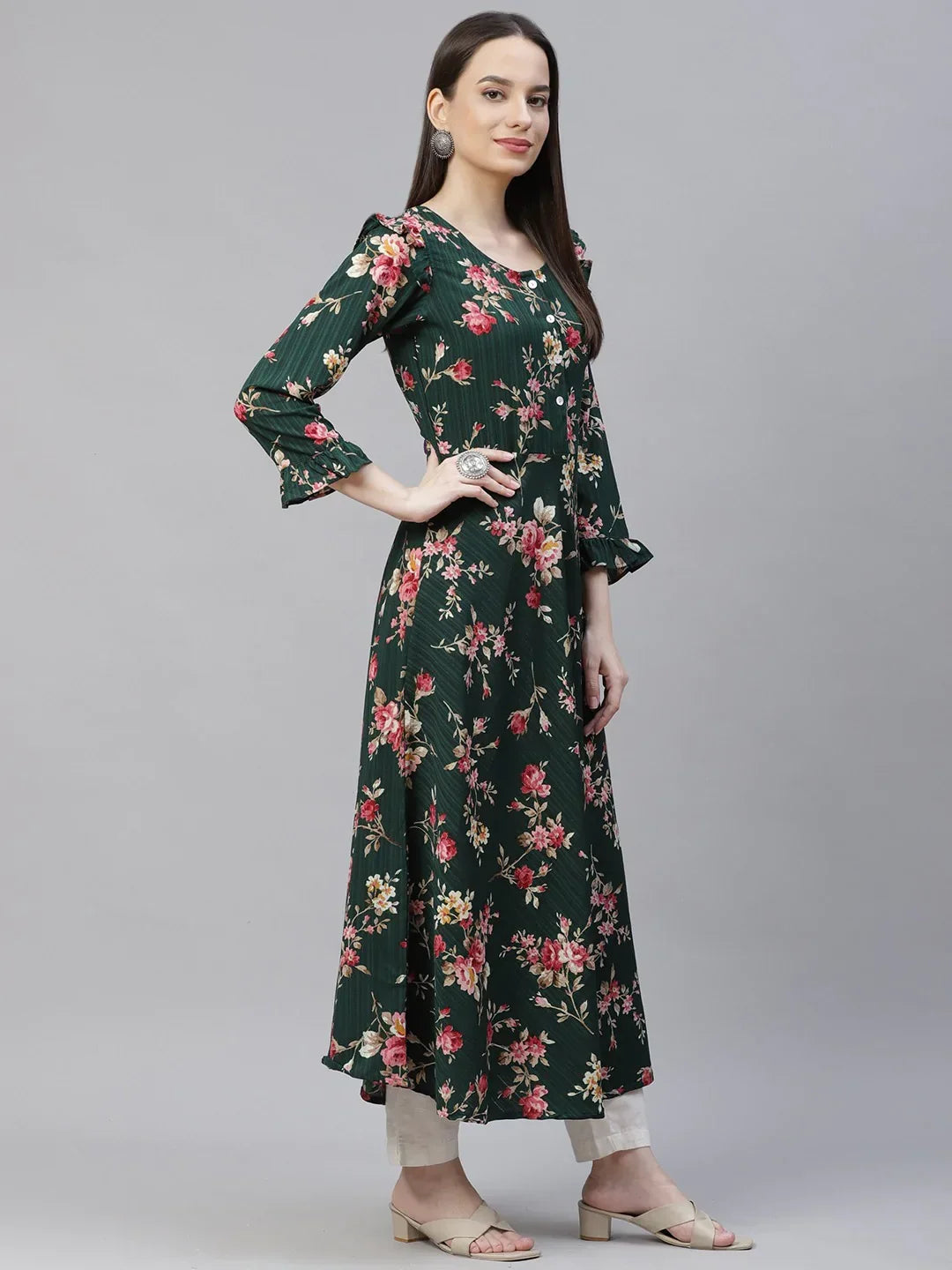 Jompers Women's Green & Pink Floral Printed Bell Sleeves Floral Anarkali Kurta | Grocsy
