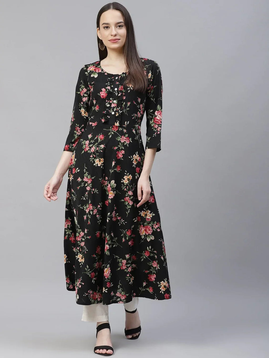 Jompers Women's Black Floral Printed Floral Anarkali Kurta | Grocsy