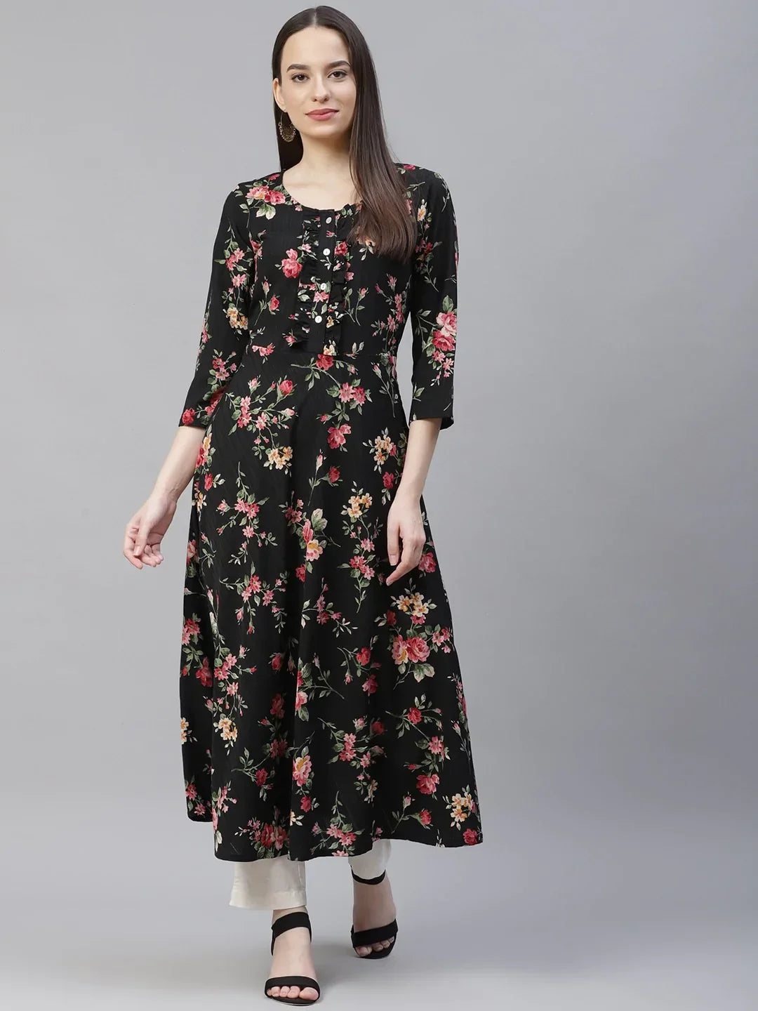 Jompers Women's Black Floral Printed Floral Anarkali Kurta | Grocsy