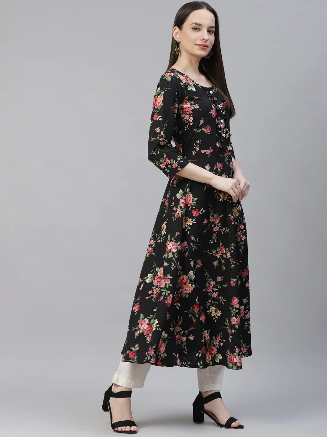 Jompers Women's Black Floral Printed Floral Anarkali Kurta | Grocsy