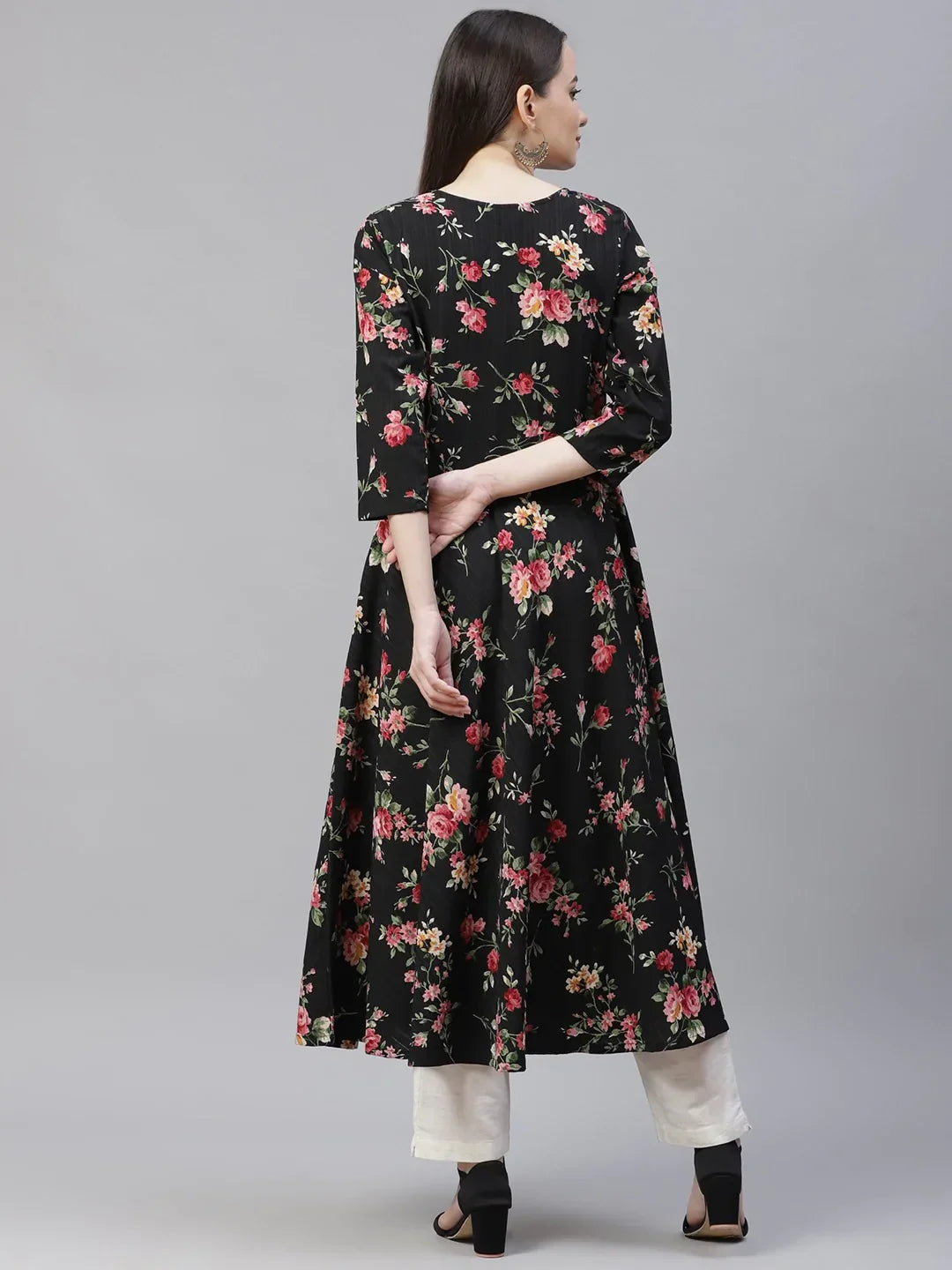 Jompers Women's Black Floral Printed Floral Anarkali Kurta | Grocsy