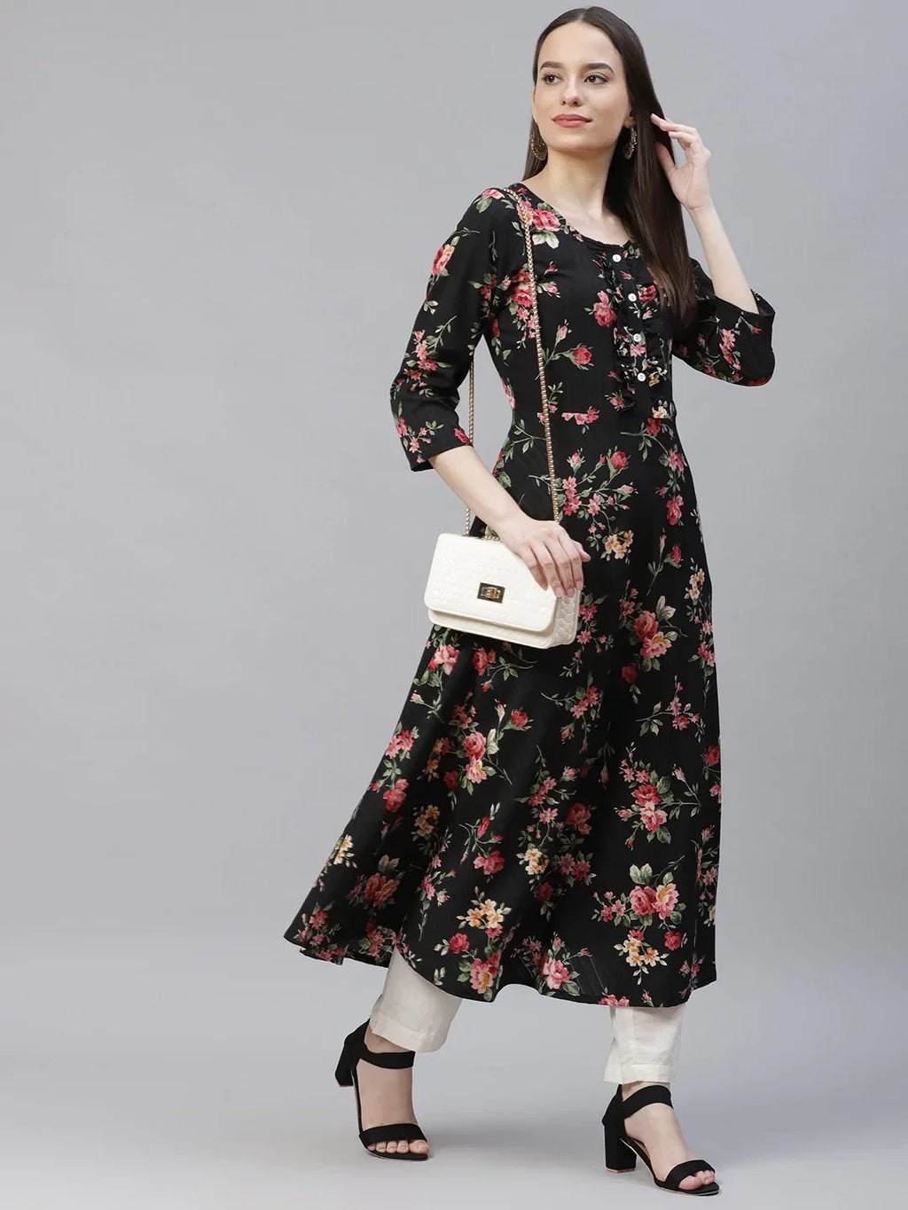 Jompers Women's Black Floral Printed Floral Anarkali Kurta | Grocsy