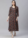 Jompers Women Black & Orange Floral Printed Floral Kurta (Black) | Grocsy