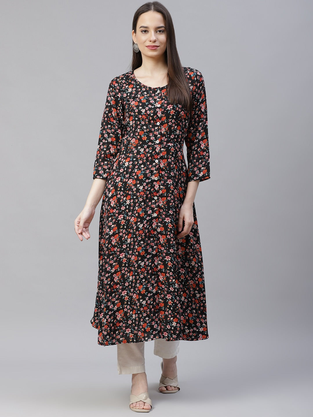 Jompers Women Black & Orange Floral Printed Floral Kurta (Black) | Grocsy