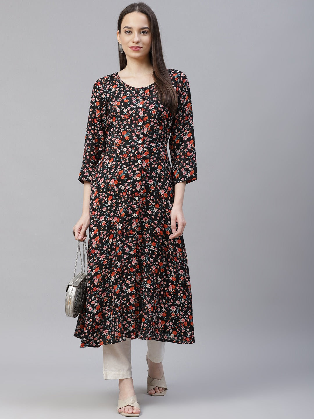 Jompers Women Black & Orange Floral Printed Floral Kurta (Black) | Grocsy