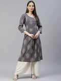 Jompers Women's Grey & Orange Ethnic Motifs Printed Block Print Kurta with Box Pleate | Grocsy