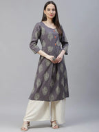 Jompers Women's Grey & Orange Ethnic Motifs Printed Block Print Kurta with Box Pleate | Grocsy
