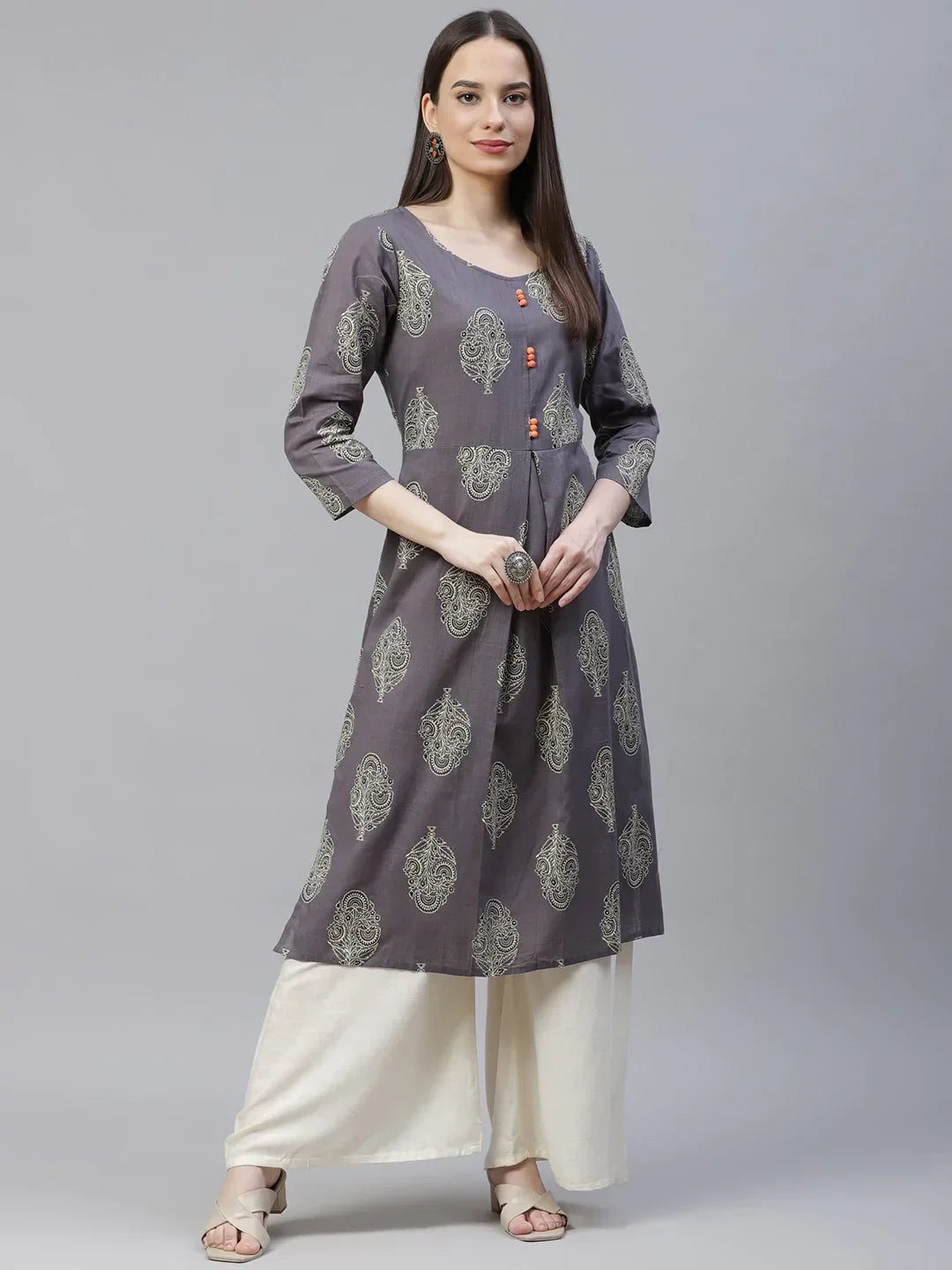 Jompers Women's Grey & Orange Ethnic Motifs Printed Block Print Kurta with Box Pleate | Grocsy