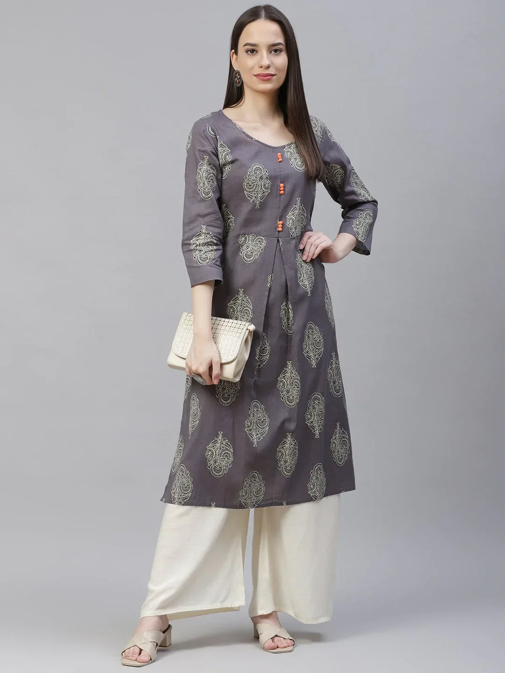 Jompers Women's Grey & Orange Ethnic Motifs Printed Block Print Kurta with Box Pleate | Grocsy