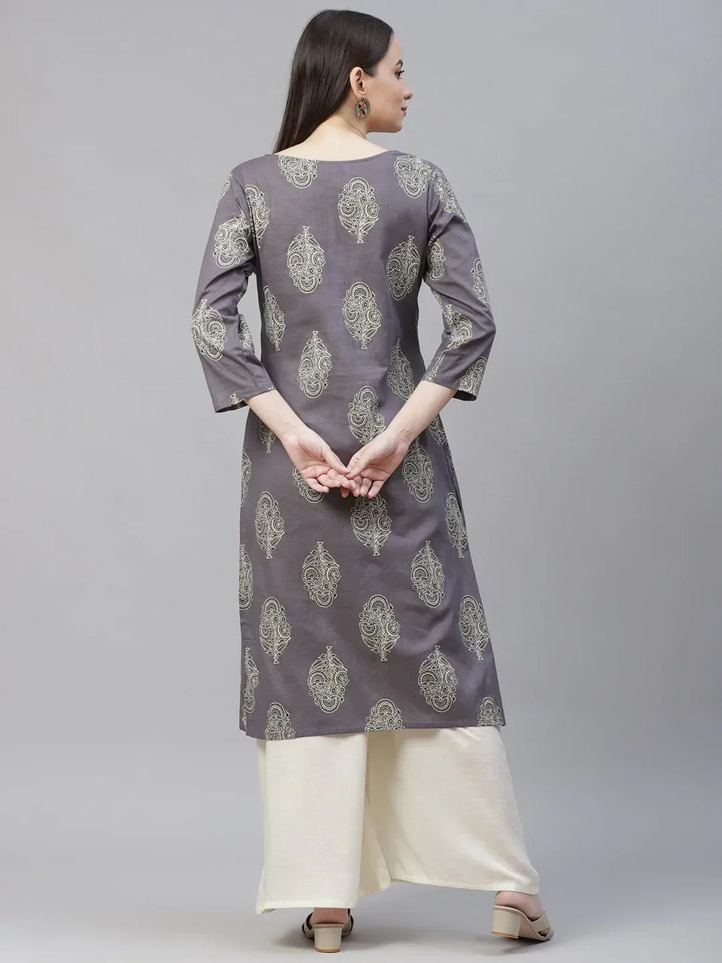 Jompers Women's Grey & Orange Ethnic Motifs Printed Block Print Kurta with Box Pleate | Grocsy