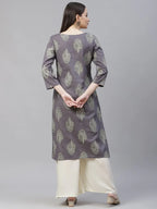 Jompers Women's Grey & Orange Ethnic Motifs Printed Block Print Kurta with Box Pleate | Grocsy