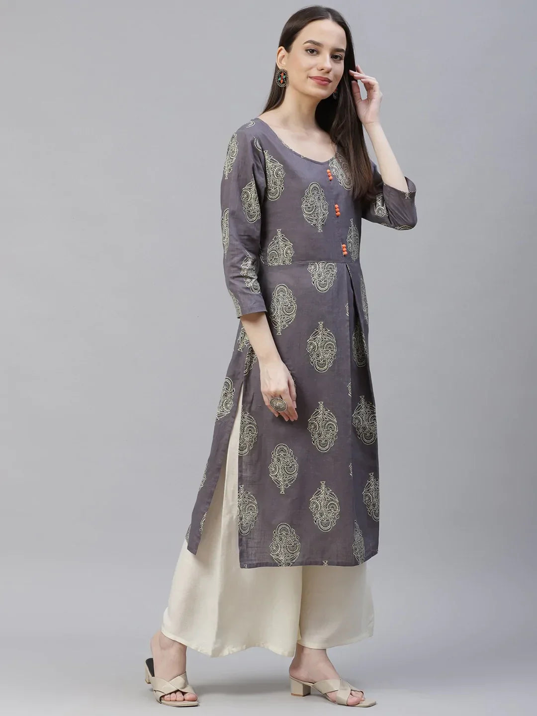 Jompers Women's Grey & Orange Ethnic Motifs Printed Block Print Kurta with Box Pleate | Grocsy