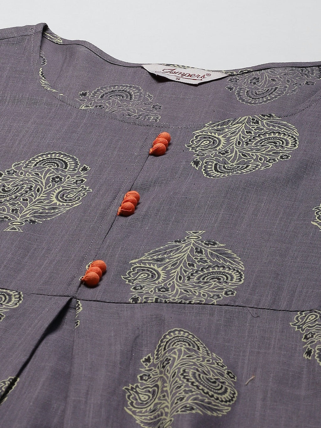 Jompers Women's Grey & Orange Ethnic Motifs Printed Block Print Kurta with Box Pleate | Grocsy