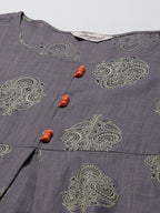 Jompers Women's Grey & Orange Ethnic Motifs Printed Block Print Kurta with Box Pleate | Grocsy
