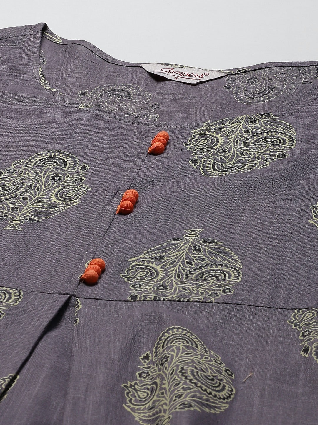 Jompers Women's Grey & Orange Ethnic Motifs Printed Block Print Kurta with Box Pleate | Grocsy