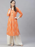 Jompers Women's Orange & Grey Ethnic Motifs Printed Block Print Kurta with Box Pleate | Grocsy