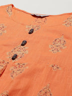 Jompers Women's Orange & Grey Ethnic Motifs Printed Block Print Kurta with Box Pleate | Grocsy