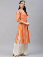 Jompers Women's Orange & Grey Ethnic Motifs Printed Block Print Kurta with Box Pleate | Grocsy