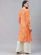 Jompers Women's Orange & Grey Ethnic Motifs Printed Block Print Kurta with Box Pleate | Grocsy